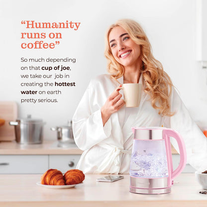 Speed-Boil Electric Kettle For Coffee & Tea - 1.7L Water Boiler 1500W, Borosilicate Glass, Easy Clean Wide Opening, Auto Shut-Off, Cool Touch Handle, LED Light. 360° Rotation, Boil Dry Protection