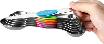 Spring Chef Magnetic Measuring Spoons Set with Strong N45 Magnets, Heavy Duty Stainless Steel Metal, Fits in Most Kitchen Spice Jars for Baking & Cooking, BPA Free, Black, Set of 8 with Leveler