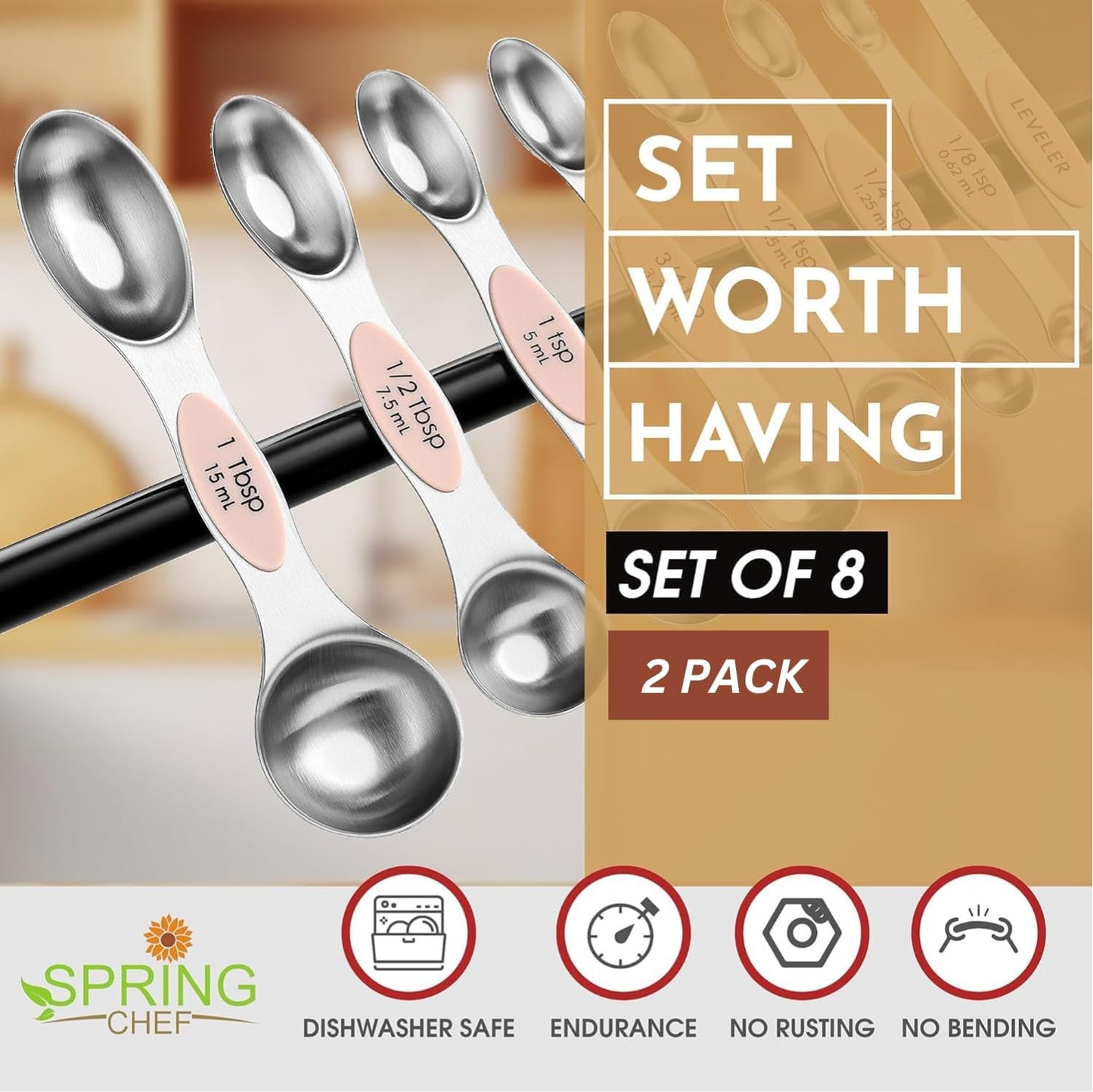 Spring Chef Magnetic Measuring Spoons Set with Strong N45 Magnets, Heavy Duty Stainless Steel Metal, Fits in Most Kitchen Spice Jars for Baking & Cooking, BPA Free, Black, Set of 8 with Leveler