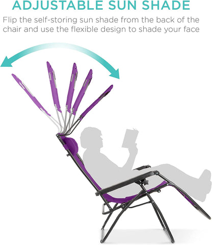 Folding Zero Gravity Outdoor Recliner Patio Lounge Chair w/Adjustable Canopy Shade, Headrest, Side Accessory Tray, Textilene Mesh - Beige